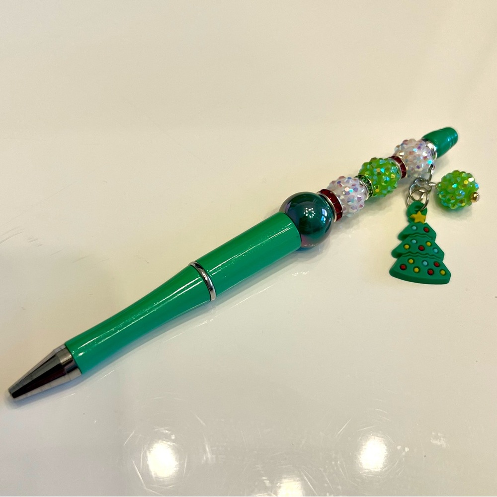 Green Beaded Christmas Tree Charm Pen